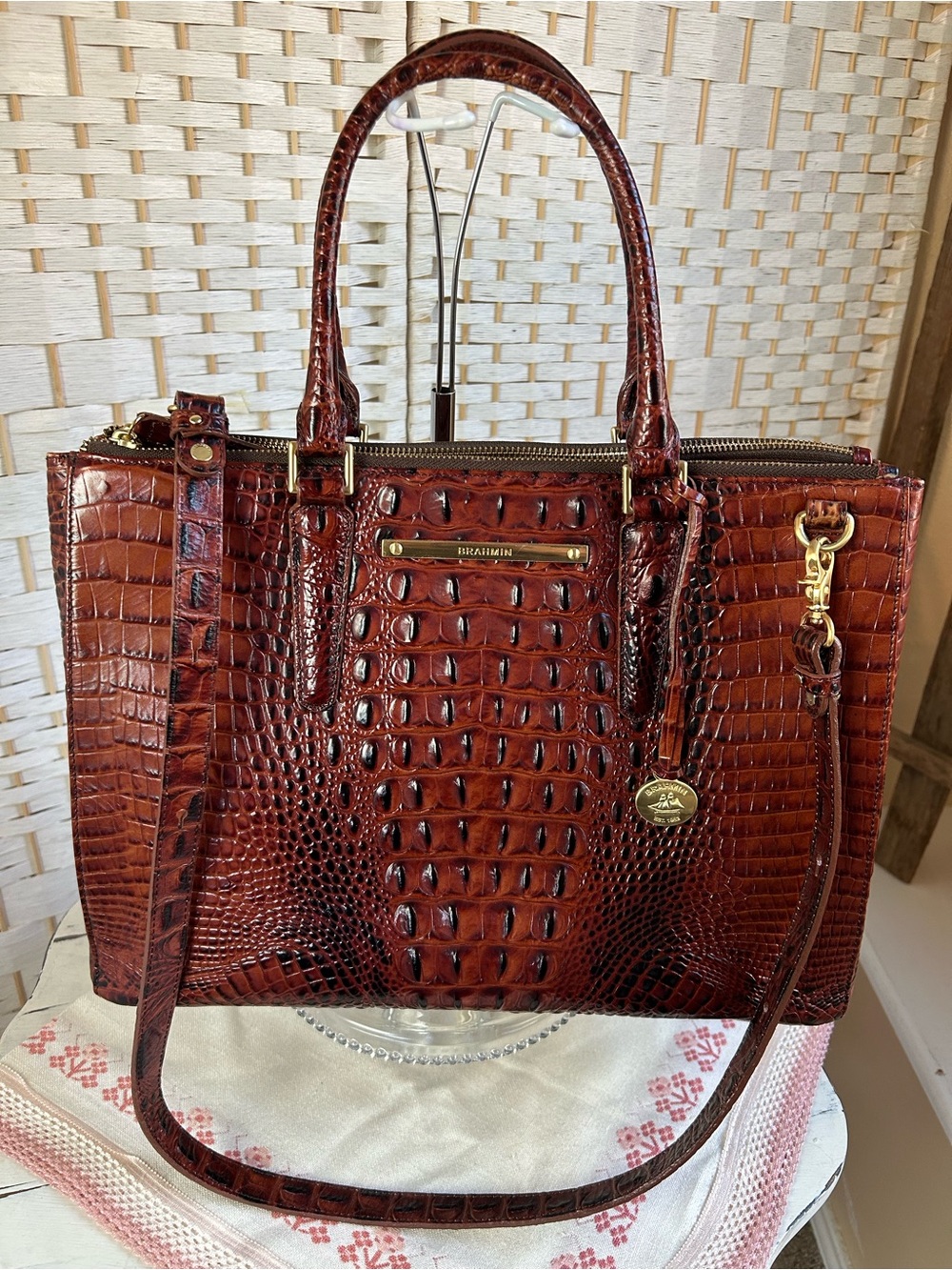 BRAHMIN BLAKE Carryall Brown Chestnut Croc-Embossed Satchel Tote Bag Convertible